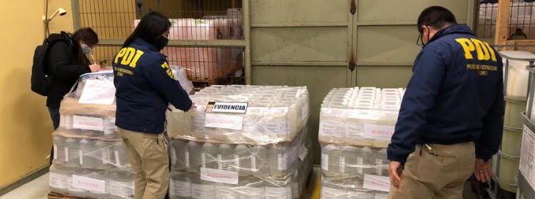 PDI Y SEREMI DE SALUD INCAUTARON CERCA DE 2000 LITROS DE ALCOHOL GEL SIN CERTIFICACIÓN