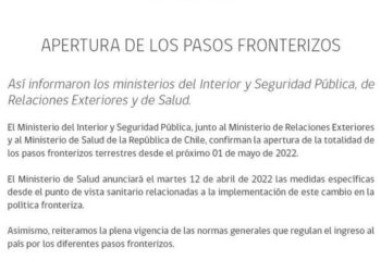 Ministerio del Interior confirma apertura de pasos fronterizos terrestres en Chile el 1 de mayo 