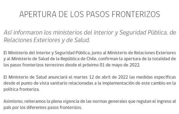 Ministerio del Interior confirma apertura de pasos fronterizos terrestres en Chile el 1 de mayo 