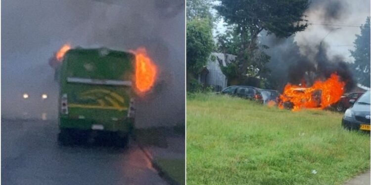 Microbús y vehículo participar se incendiaron en Osorno: bomberos logró extinción de ambos