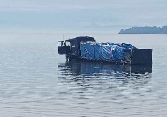Camión fuera de control choca a automóvil y va a parar a aguas del Lago Llanquihue en Frutillar