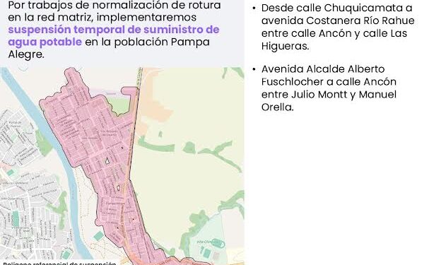 Suralis suspenderá suministro de agua potable para normalizar rotura en la red de Francke